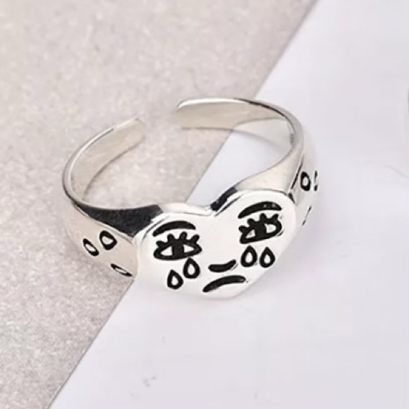 Sterling Silver Sad Crying Face Adjustable Ring - Picture 3 of 10